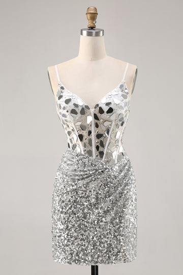 Silver Sequin Corset Homecoming Dress with Mirrors